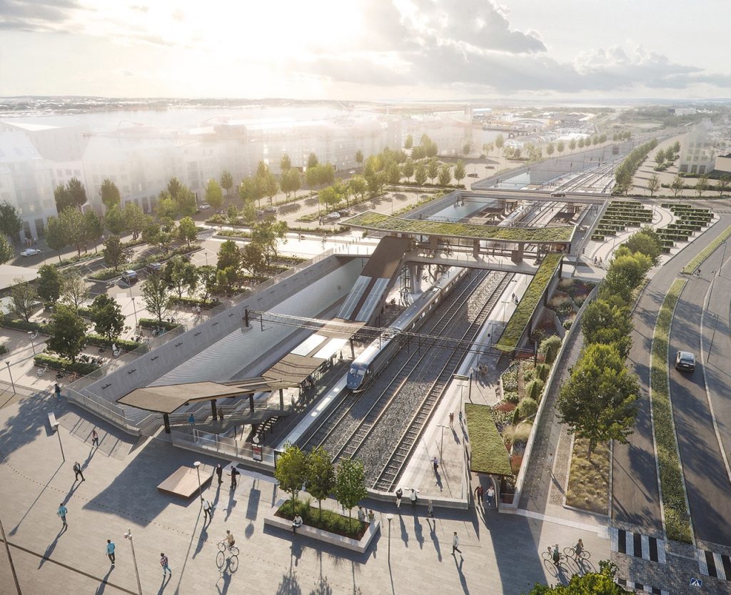 Visionsbild av hur stationen i Varberg kommer att se ut med Flens Byggelements prefabricerade tak.