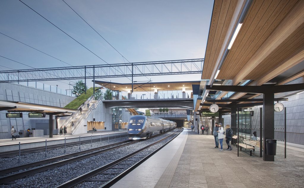 Visionsbild över hur stationen i Varberg kommer att se ut.
